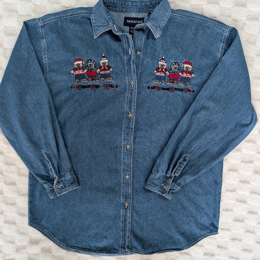 Stylish Denim Button-Down Shirt with Embroidered Teddy Bears